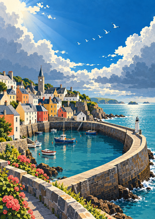 Colorful coastal town and slender clock tower beside a curved harbor wall with boats, gulls, and a lighthouse under bright clouds.