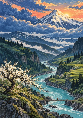 Snow-covered peak above a winding turquoise river and green valley, with a white-blossomed tree and small bridge in the foreground.