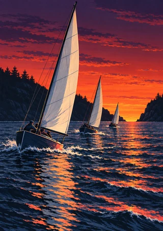 Three sailboats with pale triangular sails cross dark water toward an opening between forested headlands at sunset.