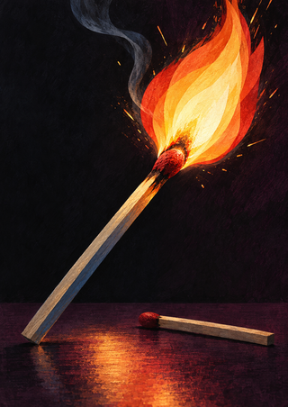 A large lit wooden match rises diagonally above an unlit match on a dark tabletop, its bright flame trailing smoke.