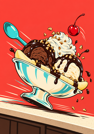 Tipped sundae dish with banana pieces, chocolate and vanilla scoops, whipped cream, airborne red cherry, and turquoise spoon on a coral background.