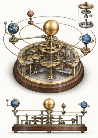 Detailed orrery mechanism with orbiting spheres, exposed gears, lower side view and exploded gear detail on a warm-white background.