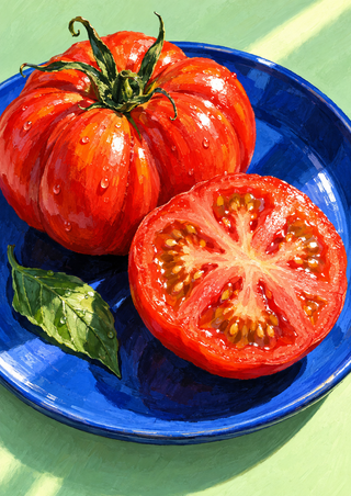 Whole red-orange ribbed tomato and cut half with visible seeds on a blue plate, beside a green leaf against a pale mint background.