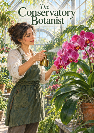 Woman in a dark green apron misting a large magenta orchid in a bright greenhouse, with title lettering across the top.