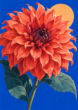 Large coral-red dahlia with layered wet petals, blue-green leaves, and an apricot disk against a cobalt background.