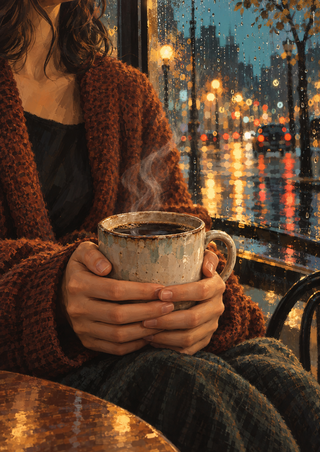 A seated person in a rust knit cardigan warming both hands around a steaming ceramic coffee mug beside a rainy city window.