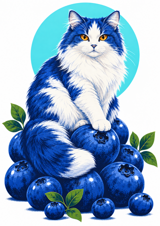 A fluffy blue-and-white cat with amber eyes sits on glossy blueberries beneath a bright aqua circle, with green leaves around the fruit.