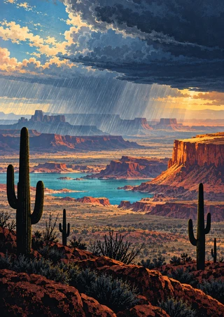 Desert landscape with turquoise reservoir, distant ochre mesas, diagonal rain, dark storm clouds, and foreground saguaro silhouettes.