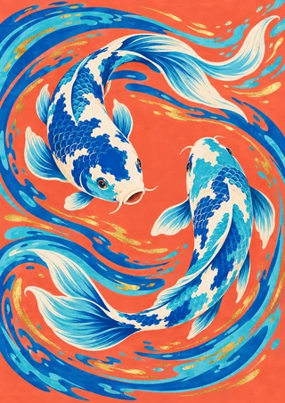 Two blue-and-white koi circle one another amid flowing cobalt and turquoise currents in coral-colored water with gold accents.