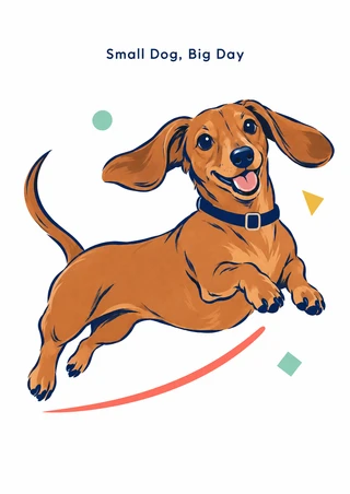Orange-brown dachshund leaping toward the viewer on a white ground, with a coral curved stroke, mint and mustard accents, and the title Small Dog, Big Day.