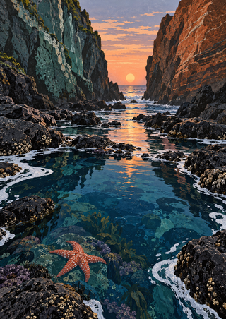 A coral-colored starfish in a blue-green tide pool beneath a peach sunset framed by tall rocky cliffs.