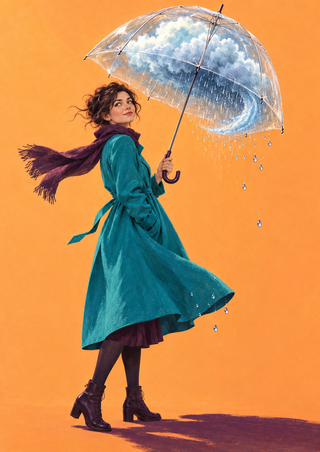 Woman in a teal coat and plum scarf holding a transparent umbrella containing a pale swirling cloud, with rain against an orange background.