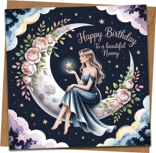 Nanny Birthday Card - 145mm x 145mm Square with Kraft Envelope, Happy Birthday To a Beautiful Nanny, Celestial Moon & Floral Illustration