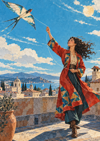 Woman in a red geometric coat flying a swallow-shaped kite above a rooftop, with water and distant hills under a bright blue sky.
