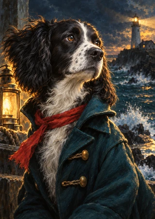 Black-and-white spaniel in a dark teal coat and red scarf beside a glowing lantern, with a lighthouse and rough sea behind.