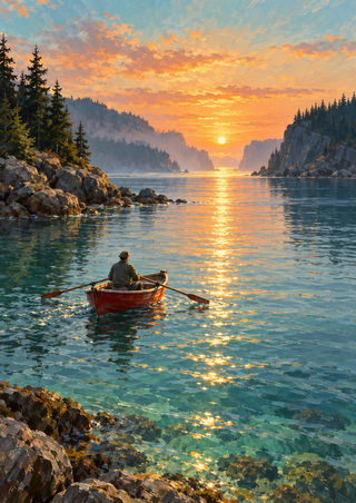 A seated rower in a small red boat crosses calm inlet water beneath a bright sunrise, framed by evergreen headlands.