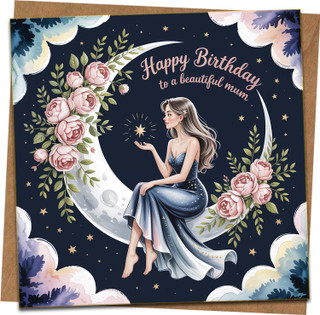 Mum Birthday Card 145mm x 145mm – Happy Birthday to a Beautiful Mum – Moon & Stars Floral Design with Elegant Lady – Blank Inside – Premium Greeting Card with Kraft Envelope