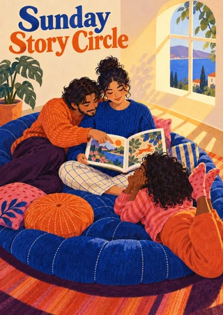 Three people gather around an open illustrated book on a patterned blue cushion; a plant and arched window brighten the room, with title lettering above.