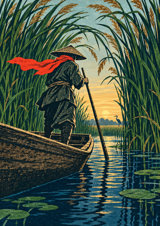 Traveler in a wooden skiff poles through an arch of tall marsh reeds toward dawn, with a distant heron and lily pads.