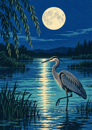 Great blue heron wading in blue moonlit water beneath a full moon, framed by reeds and willow branches.
