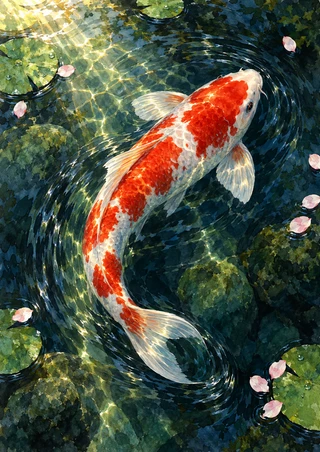 Red-and-white koi curving through dark pond water among lily pads, pink petals, ripples, and bright reflections.