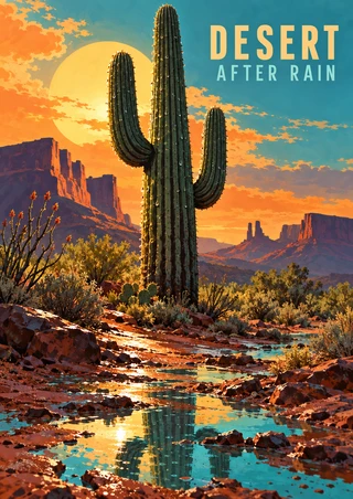 Two-armed saguaro cactus before an apricot sunset and mesas, with turquoise reflective water and the title DESERT AFTER RAIN.