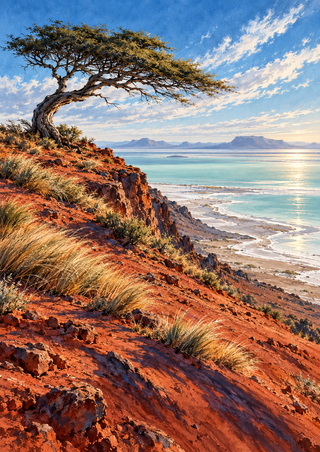 A broad-crowned tree bends over a russet rocky bluff above pale turquoise flats, grasses and distant mountains beneath a blue sky.