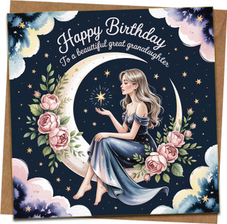 Great Granddaughter Birthday Card 145mm x 145mm with Kraft Envelope – Elegant Moon & Stars Floral Design, Happy Birthday Great Granddaughter Greeting Card