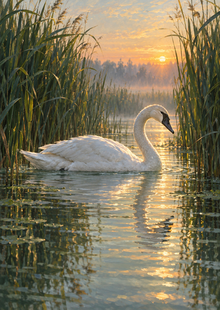 White swan gliding right through tall green reeds on reflective water at dawn beneath an apricot-gold sky.