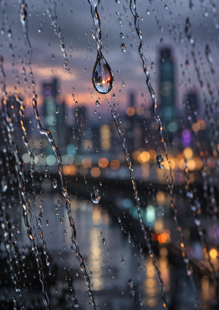 Elongated raindrop reflecting a warm light on rain-streaked glass, with blurred city lights and smaller droplets in the background.