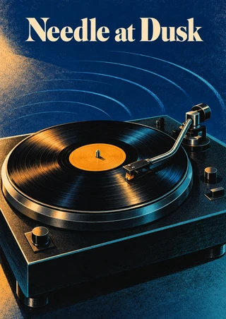 Black turntable with an amber-labeled vinyl record and lowered tonearm against a deep blue background with cobalt arcs and the title Needle at Dusk.
