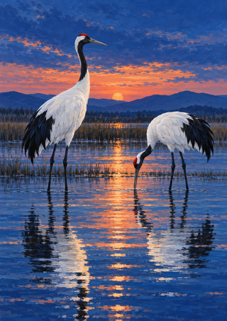 Two red-crowned cranes at dusk in a shallow lagoon, one upright and one bending to the water, with mountain silhouettes and sunset reflections.