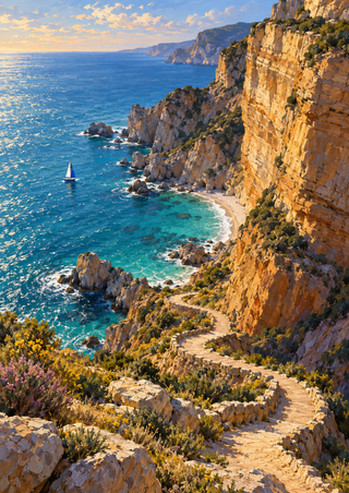 Ochre coastal cliffs with a stone switchback path descending toward a turquoise cove and a small sailboat.