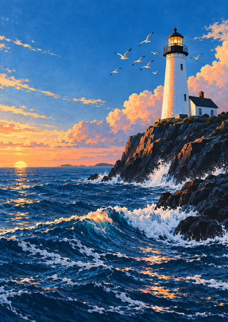 White lighthouse on a dark rocky promontory above a foaming blue sea, with seabirds in the sunset sky.
