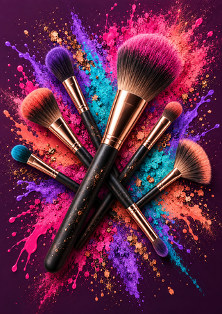 Seven makeup brushes radiating over a vivid multicolor pigment burst on a deep-plum background.