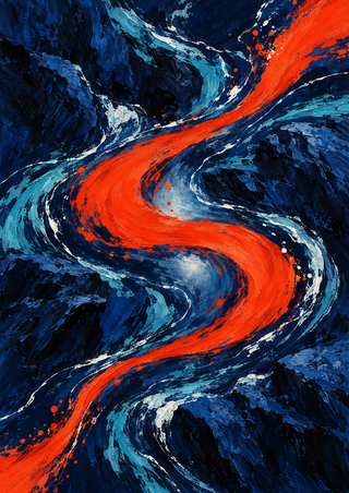 S-shaped vermilion-orange ribbon flowing through indigo blue forms with aqua and white abstract brush marks.