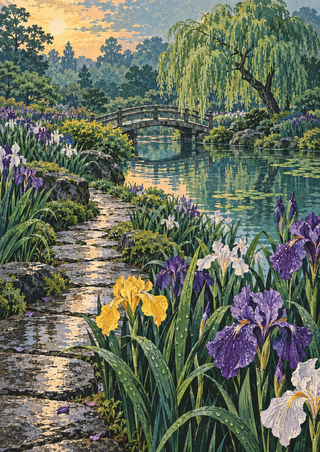 Violet, white and yellow irises beside a winding stone path leading to an arched footbridge and willow over a reflective pond.