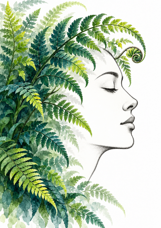 Right-facing adult profile among arcing green fern fronds, with a curled fiddlehead near the forehead on a white background.