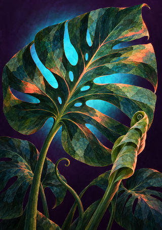 Large green split-leaf plant with turquoise-lit openings, coral accents, curled new leaf, and tendril against a mottled midnight-plum background.