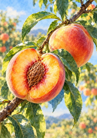 A halved peach with an exposed stone and a whole peach among green leaves against a softly blurred orchard.