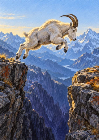 White mountain goat leaping between rocky alpine ledges above a gorge with distant mountains.
