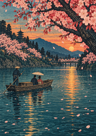 Wooden ferry with two seated passengers and a standing pole user on a river beneath cherry blossoms, with a pagoda and sunset in the distance.