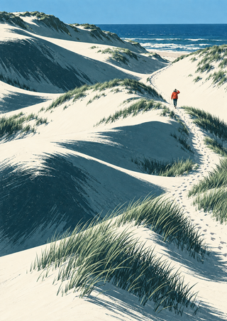 Small walker in a red jacket on a winding path through grassy coastal dunes, with the sea and blue sky beyond.