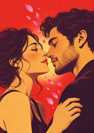 Stylized profiles of two adults leaning together with eyes closed and noses touching, pink petals between them against a red background.