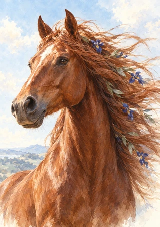 Close portrait of a chestnut horse facing left, with a streaming mane threaded with blue-purple flowers and pale leaves.
