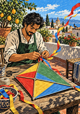 An adult man ties colorful ribbons onto a large diamond kite at a rooftop worktable, with a citrus tree, flowers, rooftops and mountains behind him.