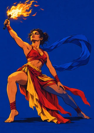 Bare-footed dancer in red and saffron costume raises a flaming baton as a blue sash streams behind against an ultramarine background.