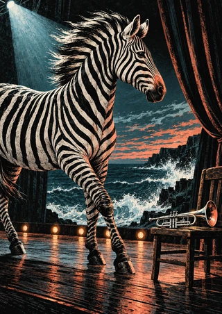 Black-and-ivory zebra with swept-back mane beside a silver trumpet on a wooden chair, with curtains, coastal surf, and footlights.