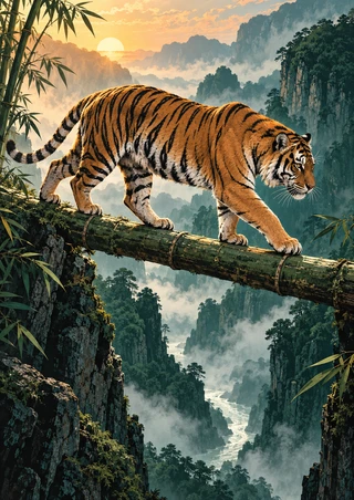 Adult tiger walking right across a fallen bamboo trunk above a misty ravine, with jade cliffs and a distant river.