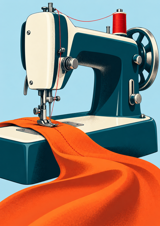 Teal-and-ivory sewing machine stitching orange fabric against a pale-blue background, with a red spool and visible handwheel.